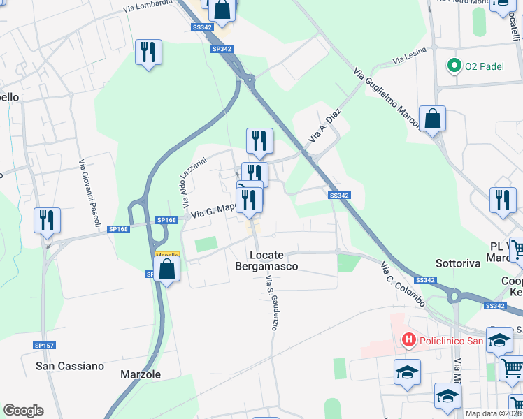 map of restaurants, bars, coffee shops, grocery stores, and more near 13 Via Don Leone Foiadelli in Locate Bergamasco