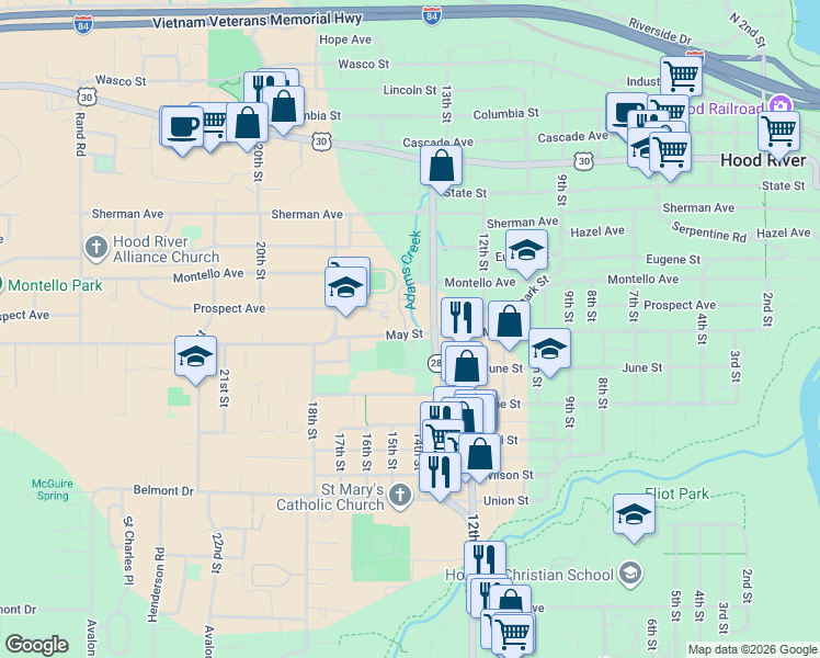 map of restaurants, bars, coffee shops, grocery stores, and more near 1404 May Street in Hood River
