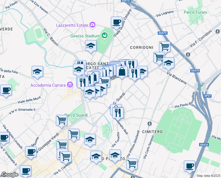 map of restaurants, bars, coffee shops, grocery stores, and more near 20-24 Via Alberico da Rosciate in Bergamo