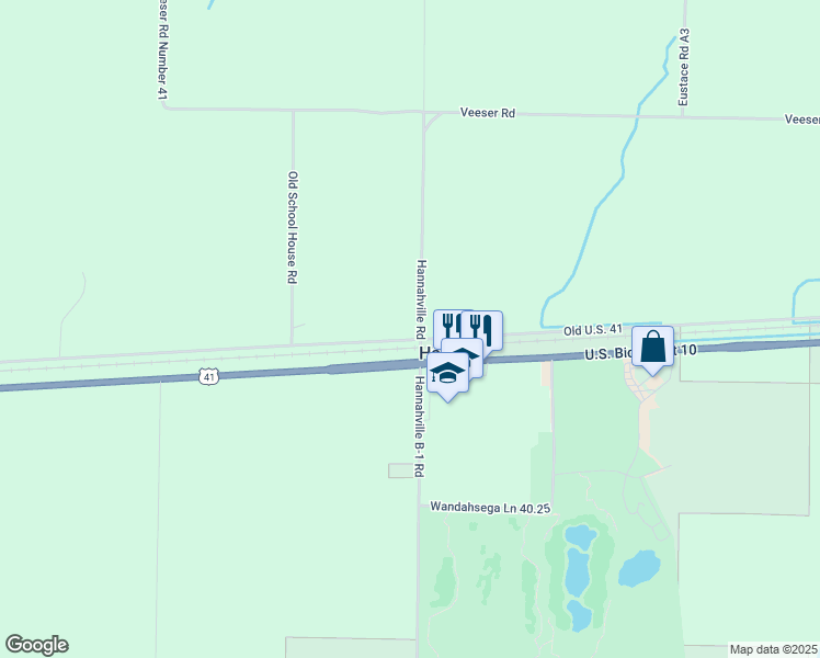 map of restaurants, bars, coffee shops, grocery stores, and more near Hannahville Road in Wilson