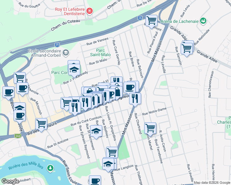 map of restaurants, bars, coffee shops, grocery stores, and more near 587 Boulevard des Seigneurs in Terrebonne