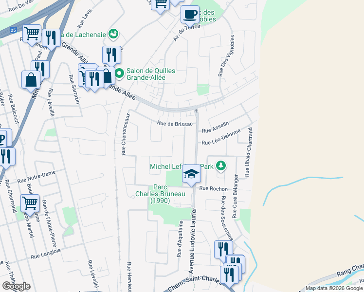 map of restaurants, bars, coffee shops, grocery stores, and more near 646 Rue de Valençay in Terrebonne
