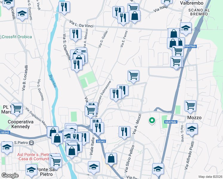 map of restaurants, bars, coffee shops, grocery stores, and more near 24 Via E. Fermi in Ponte San Pietro