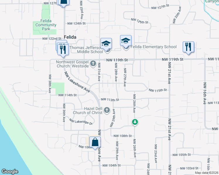 map of restaurants, bars, coffee shops, grocery stores, and more near 11603 Northwest 29th Place in Vancouver