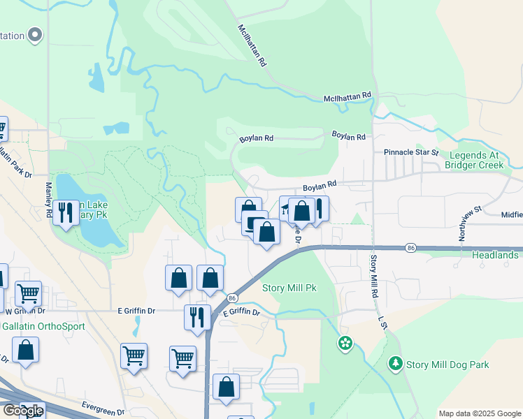 map of restaurants, bars, coffee shops, grocery stores, and more near 1050 Boylan Road in Bozeman