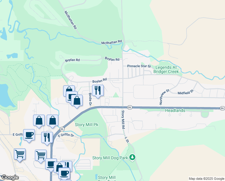 map of restaurants, bars, coffee shops, grocery stores, and more near 1071 Story Mill Road in Bozeman
