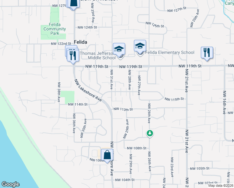 map of restaurants, bars, coffee shops, grocery stores, and more near 11600 Northwest 30th Court in Vancouver
