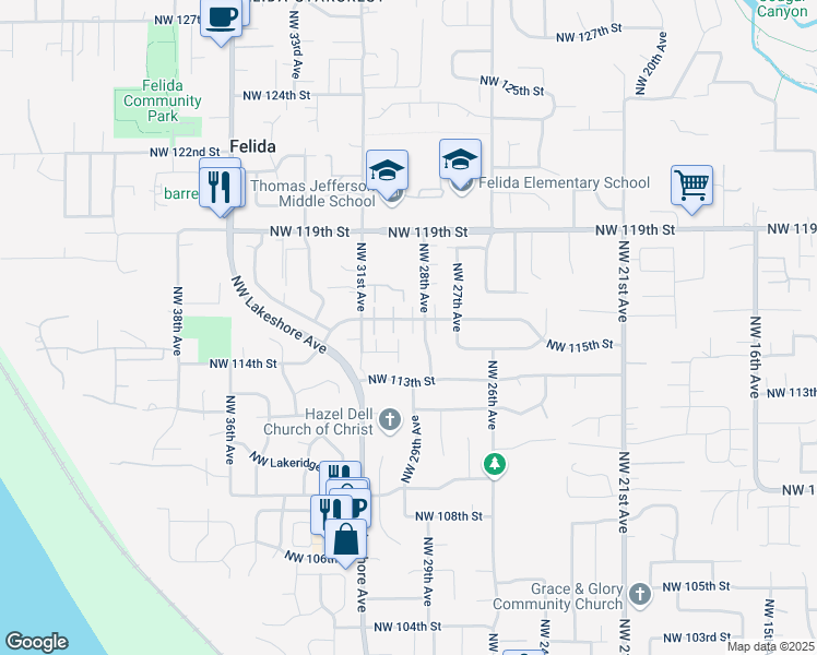 map of restaurants, bars, coffee shops, grocery stores, and more near 11603 Northwest 29th Place in Vancouver