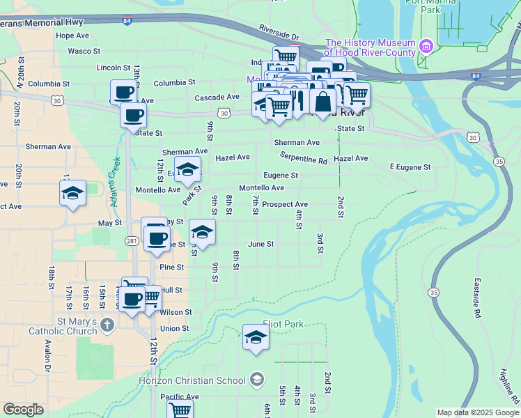 map of restaurants, bars, coffee shops, grocery stores, and more near 514 Prospect Avenue in Hood River