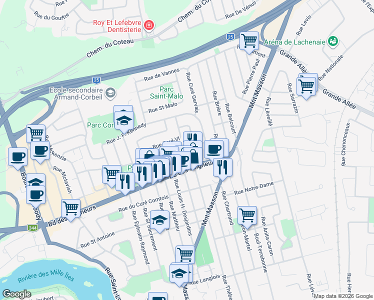 map of restaurants, bars, coffee shops, grocery stores, and more near 588 Rue Piché in Terrebonne