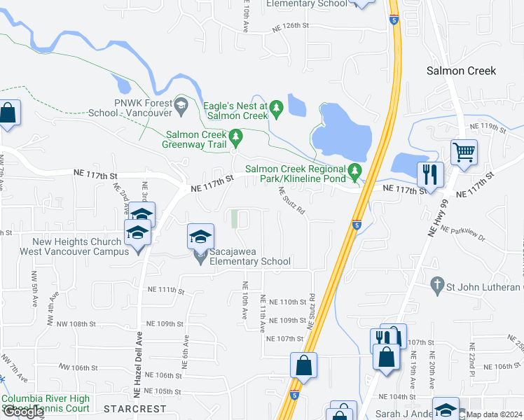 map of restaurants, bars, coffee shops, grocery stores, and more near 1102 Northeast 115th Circle in Vancouver