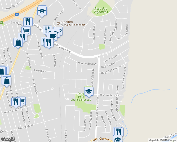 map of restaurants, bars, coffee shops, grocery stores, and more near 662 Rue de Châteauneuf in Terrebonne