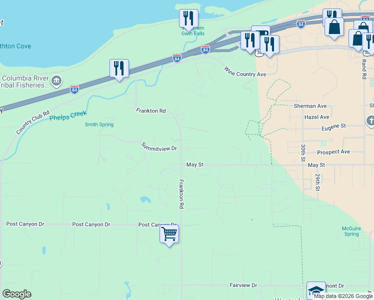 map of restaurants, bars, coffee shops, grocery stores, and more near 505 Frankton Road in Hood River