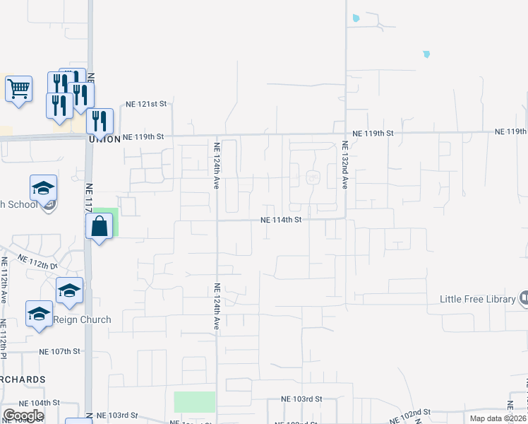map of restaurants, bars, coffee shops, grocery stores, and more near 12620 Northeast 114th Street in Vancouver