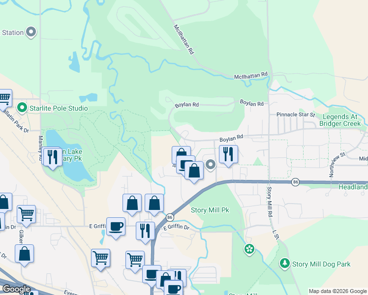 map of restaurants, bars, coffee shops, grocery stores, and more near 1050 Boylan Road in Bozeman