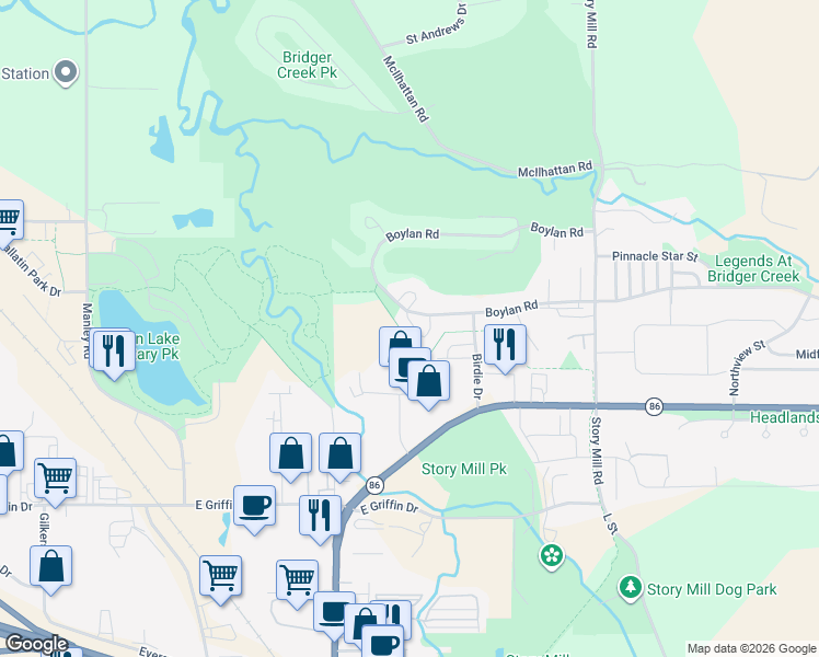 map of restaurants, bars, coffee shops, grocery stores, and more near 1050 Boylan Road in Bozeman