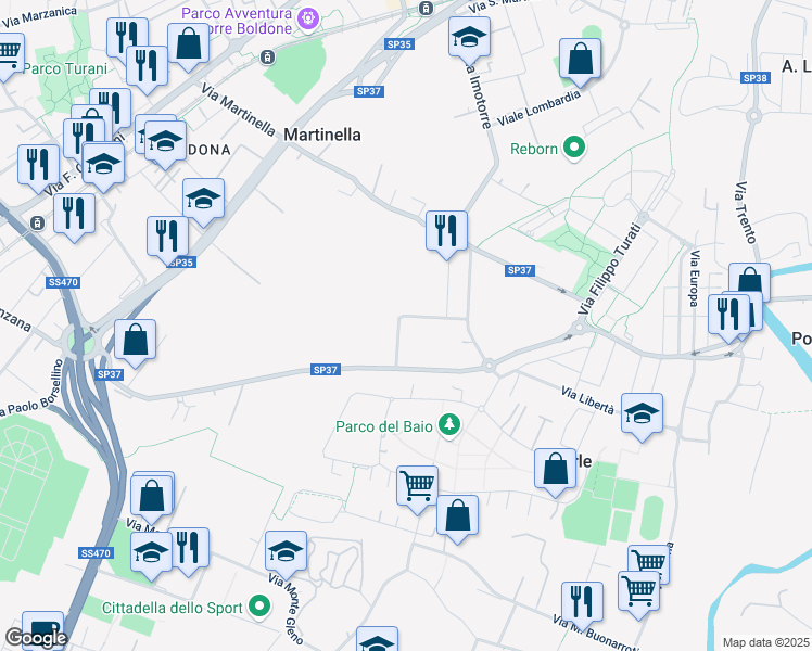 map of restaurants, bars, coffee shops, grocery stores, and more near 5 Via Giacomo Leopardi in Gorle
