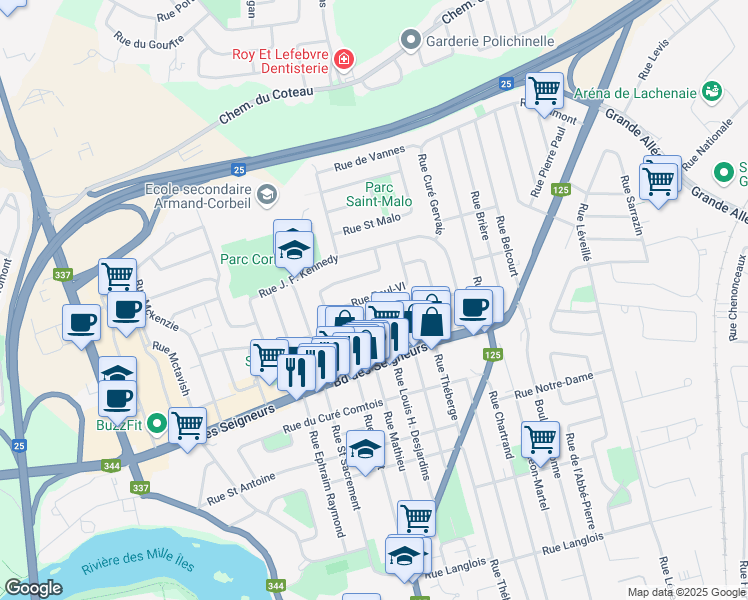 map of restaurants, bars, coffee shops, grocery stores, and more near 650 Rue Paul Vi in Terrebonne