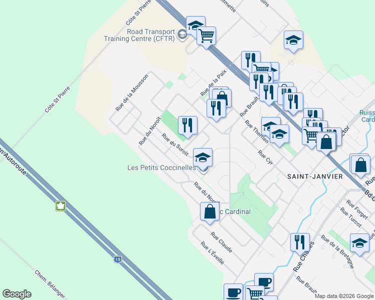 map of restaurants, bars, coffee shops, grocery stores, and more near 13595 Rue du Suroît in Mirabel