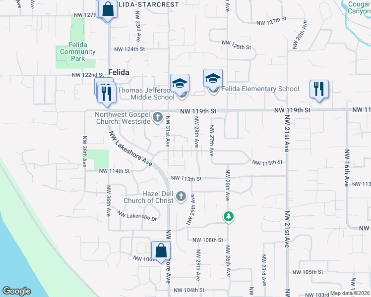 map of restaurants, bars, coffee shops, grocery stores, and more near 11603 Northwest 29th Place in Vancouver