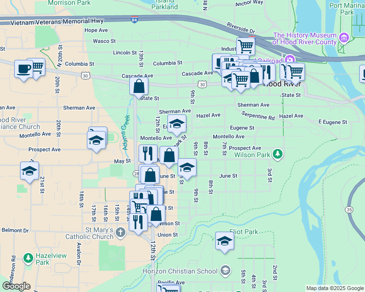 map of restaurants, bars, coffee shops, grocery stores, and more near 1003 Montello Avenue in Hood River