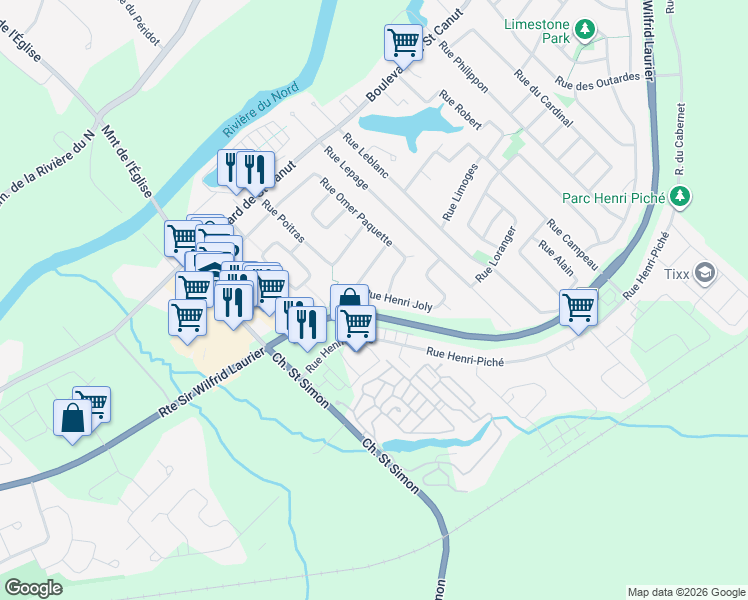 map of restaurants, bars, coffee shops, grocery stores, and more near 13550 Rue Henri Joly in Mirabel