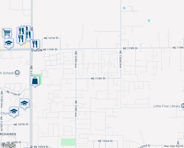map of restaurants, bars, coffee shops, grocery stores, and more near 12620 Northeast 114th Street in Vancouver