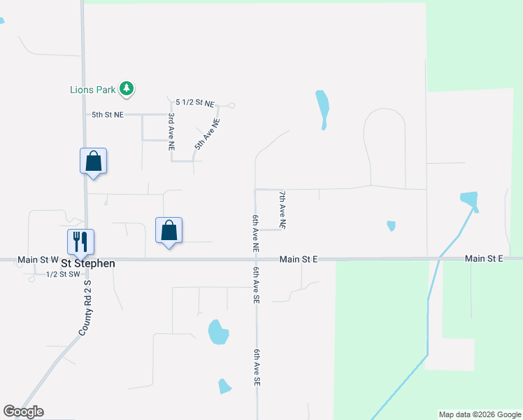 map of restaurants, bars, coffee shops, grocery stores, and more near 106 6th Avenue Northeast in Saint Stephen