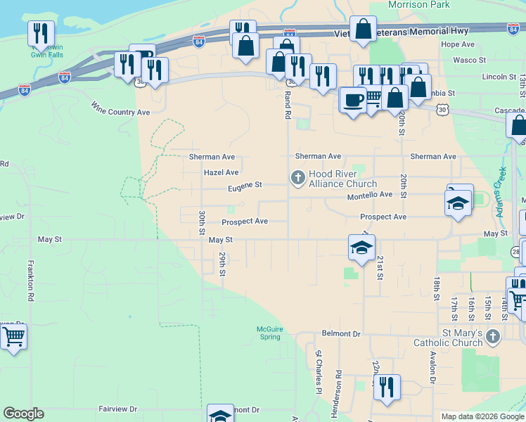 map of restaurants, bars, coffee shops, grocery stores, and more near 665 Rene Place in Hood River