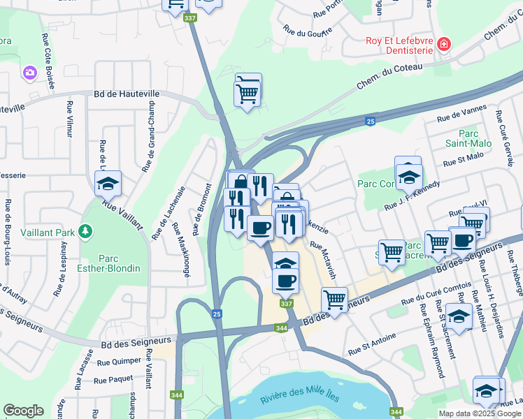 map of restaurants, bars, coffee shops, grocery stores, and more near 1400 Boulevard Moody in Terrebonne