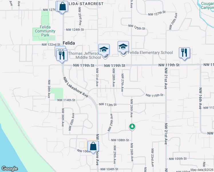 map of restaurants, bars, coffee shops, grocery stores, and more near 11607 Northwest 29th Place in Vancouver