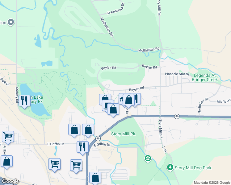 map of restaurants, bars, coffee shops, grocery stores, and more near 1050 Boylan Road in Bozeman
