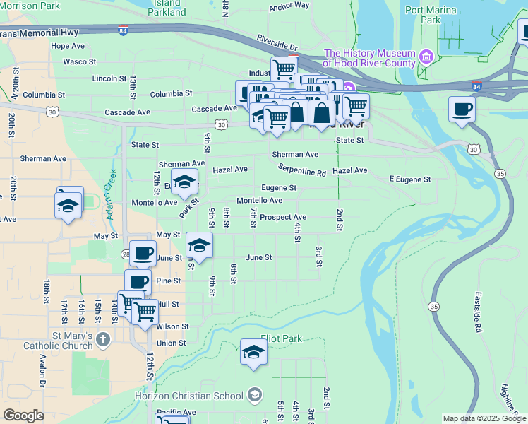 map of restaurants, bars, coffee shops, grocery stores, and more near 514 Prospect Avenue in Hood River