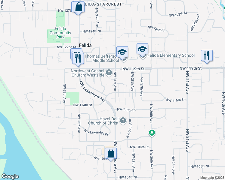 map of restaurants, bars, coffee shops, grocery stores, and more near 11600 Northwest 30th Court in Vancouver