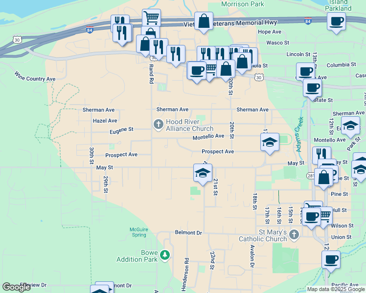 map of restaurants, bars, coffee shops, grocery stores, and more near 2414 Prospect Avenue in Hood River
