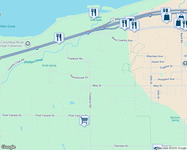 map of restaurants, bars, coffee shops, grocery stores, and more near 505 Frankton Road in Hood River