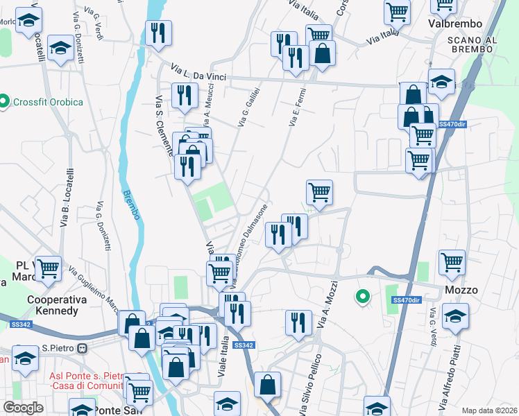 map of restaurants, bars, coffee shops, grocery stores, and more near 24 Via E. Fermi in Ponte San Pietro