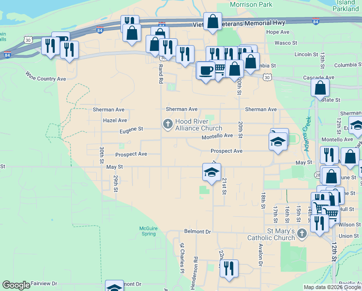 map of restaurants, bars, coffee shops, grocery stores, and more near 651 Floral Place in Hood River