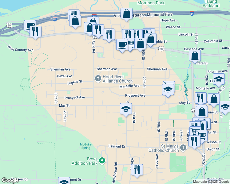 map of restaurants, bars, coffee shops, grocery stores, and more near 2414 Prospect Avenue in Hood River