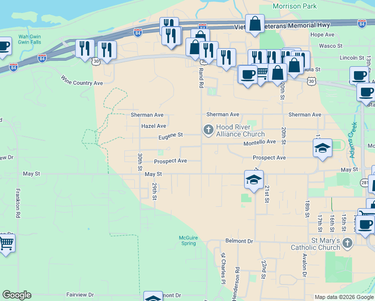 map of restaurants, bars, coffee shops, grocery stores, and more near 665 Rene Place in Hood River