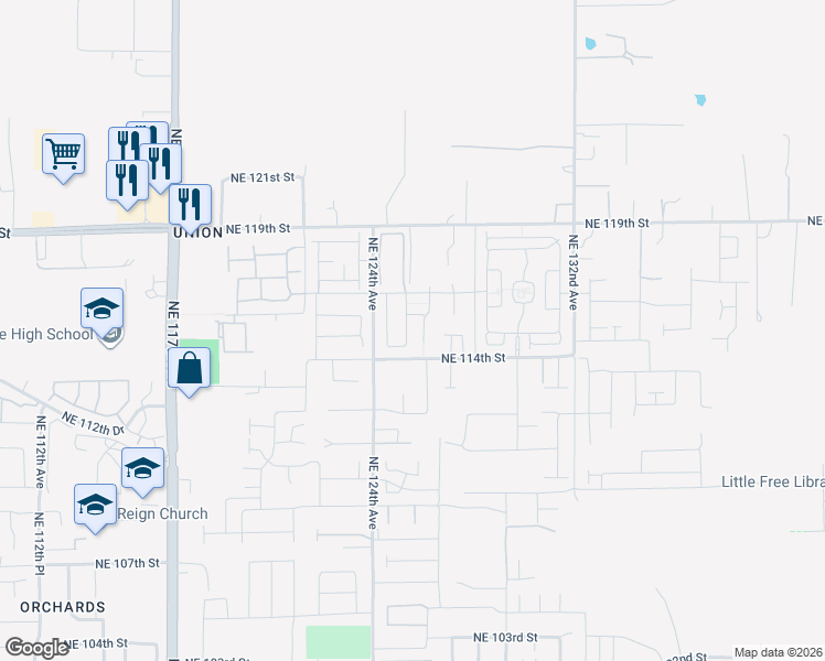 map of restaurants, bars, coffee shops, grocery stores, and more near 11418 Northeast 126th Avenue in Vancouver