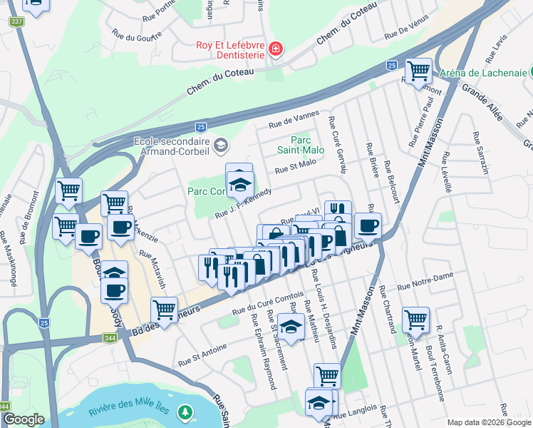 map of restaurants, bars, coffee shops, grocery stores, and more near 738 Rue Armand-Corbeil in Terrebonne