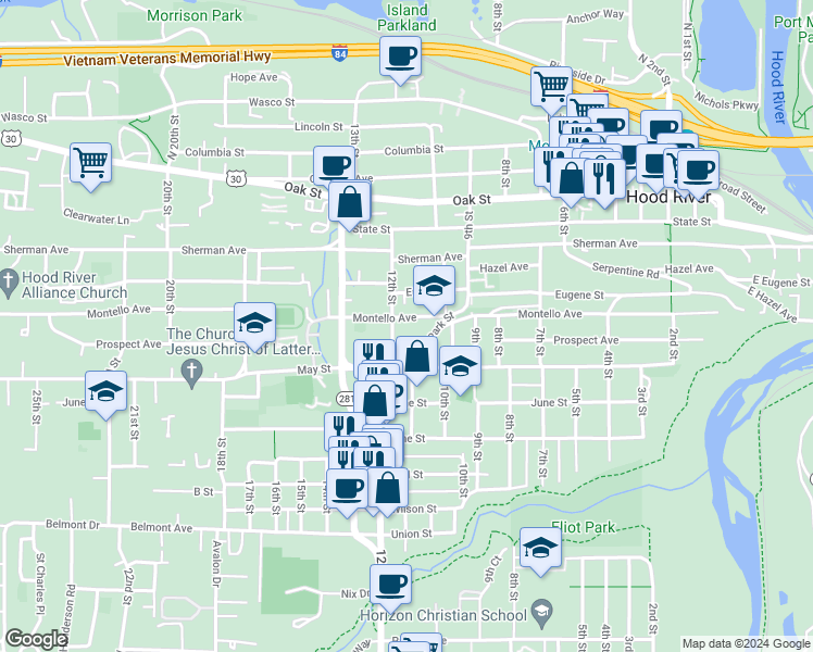 map of restaurants, bars, coffee shops, grocery stores, and more near 1107 Montello Avenue in Hood River