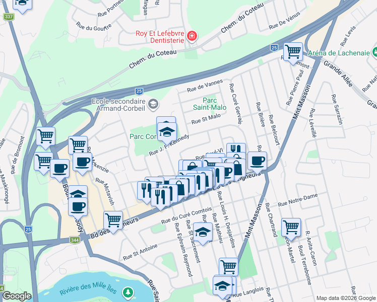 map of restaurants, bars, coffee shops, grocery stores, and more near 718 Rue Armand-Corbeil in Terrebonne