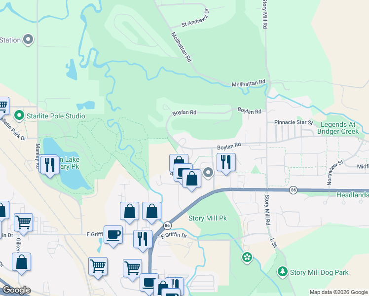 map of restaurants, bars, coffee shops, grocery stores, and more near 1050 Boylan Road in Bozeman