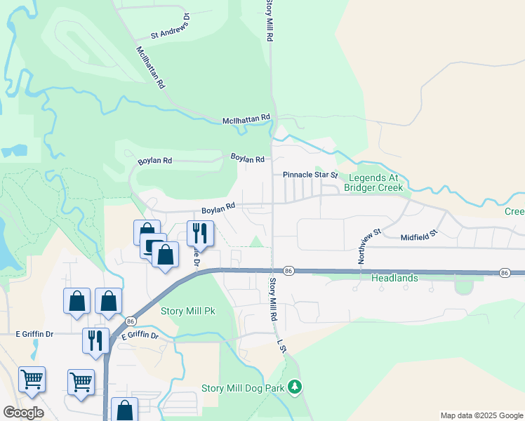 map of restaurants, bars, coffee shops, grocery stores, and more near 1071 Story Mill Road in Bozeman