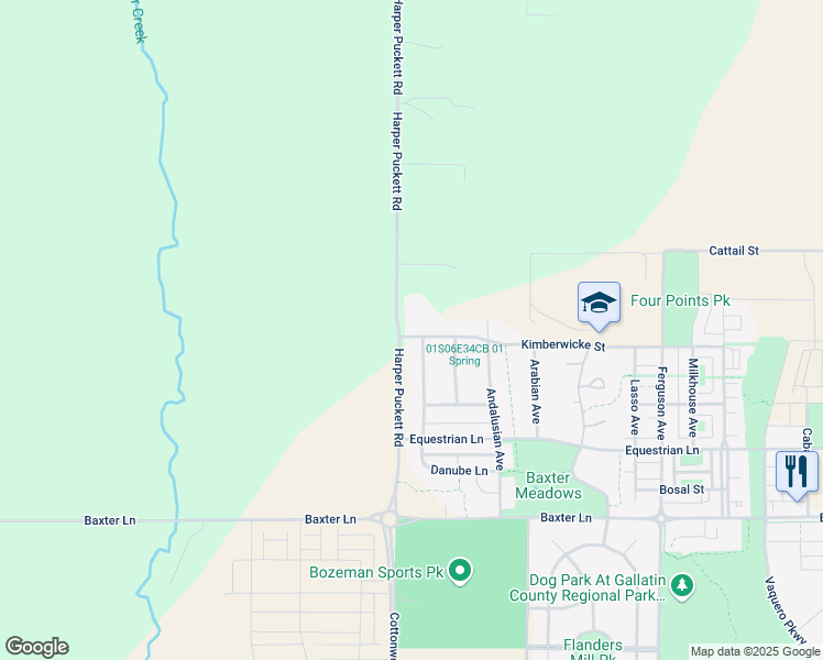 map of restaurants, bars, coffee shops, grocery stores, and more near 2497 Thoroughbread Lane in Bozeman