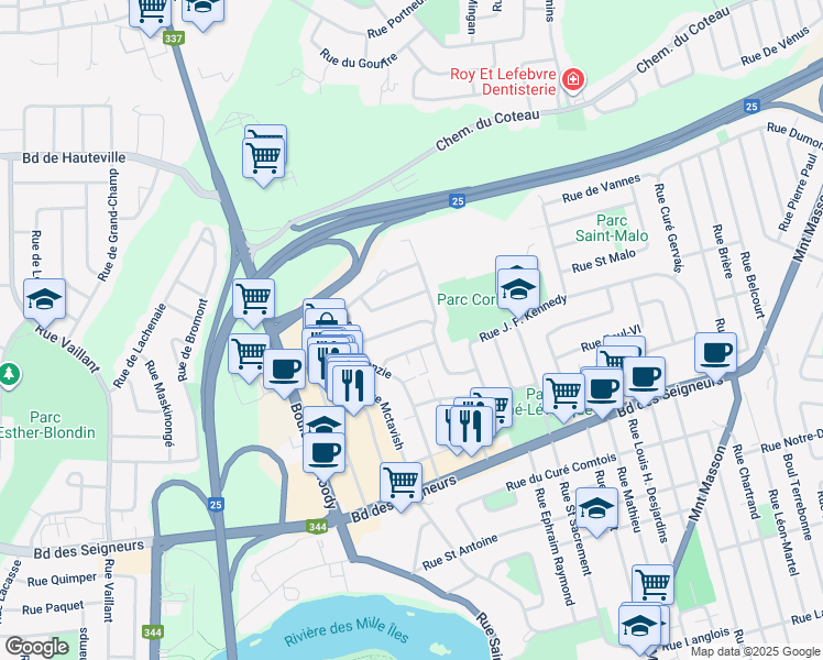 map of restaurants, bars, coffee shops, grocery stores, and more near 980 Rue des Pruniers in Terrebonne
