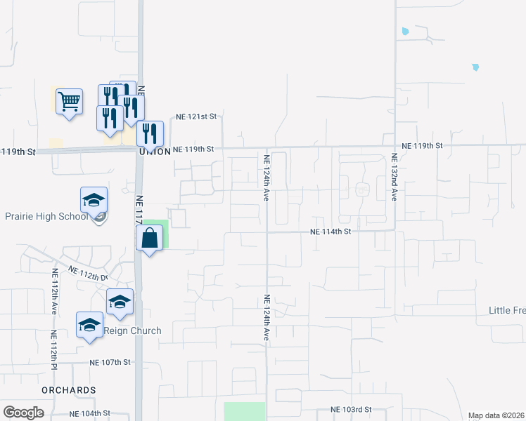 map of restaurants, bars, coffee shops, grocery stores, and more near 11517 Northeast 124th Place in Vancouver