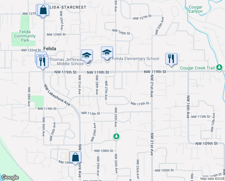 map of restaurants, bars, coffee shops, grocery stores, and more near 2602 Northwest 116th Street in Vancouver